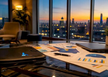 Corporate meeting room with Blue Prysm branded binder and documents