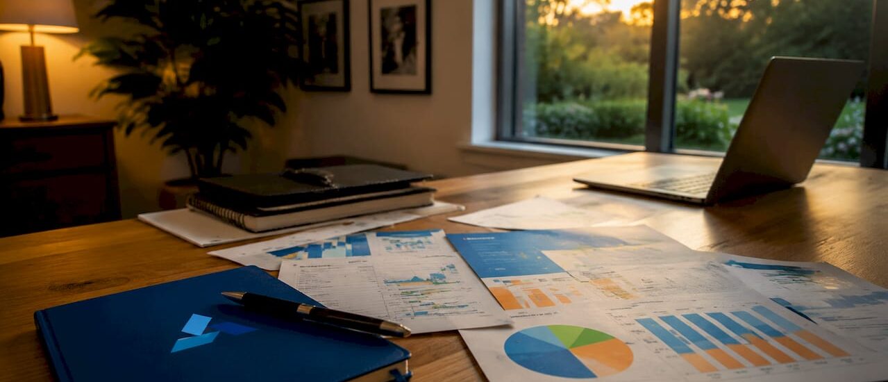 Workspace with Blue Prysm logo and business data documents
