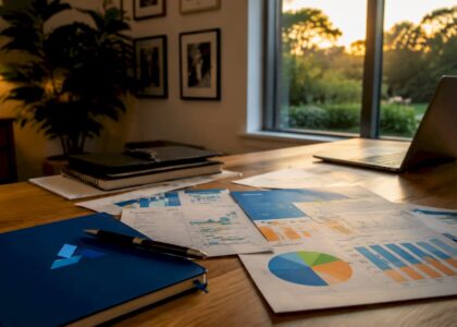 Workspace with Blue Prysm logo and business data documents