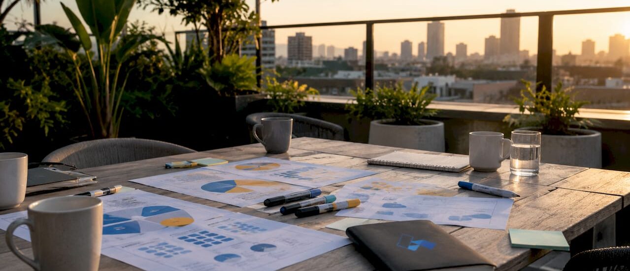 Empty conference room setup for scenario planning with Blue Prysm logo