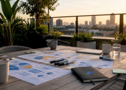 Empty conference room setup for scenario planning with Blue Prysm logo