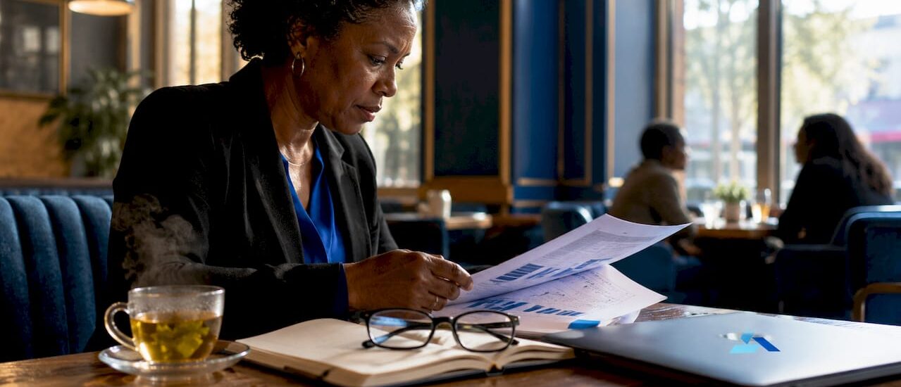 Data analyst arranging business data sheets