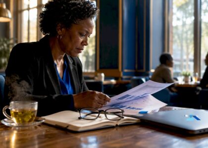 Data analyst arranging business data sheets