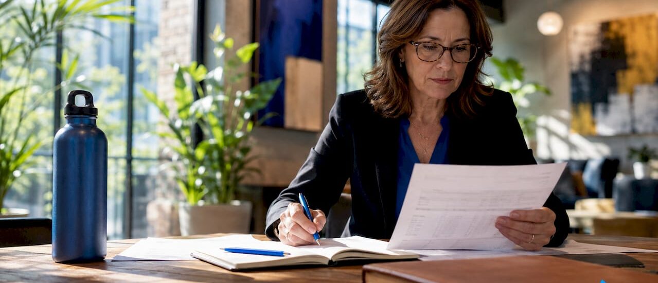 Businesswoman reviewing scenario testing report