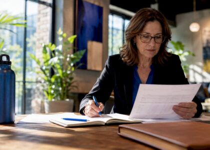 Businesswoman reviewing scenario testing report