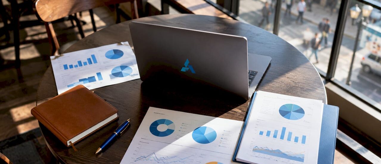 Office desk with Blue Prysm logo and monitors