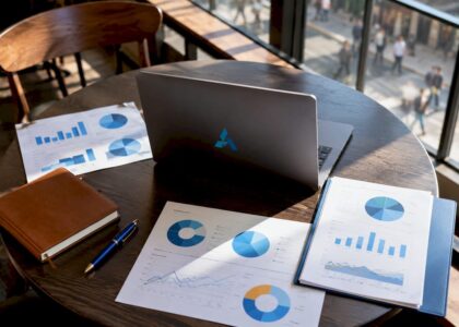 Office desk with Blue Prysm logo and monitors
