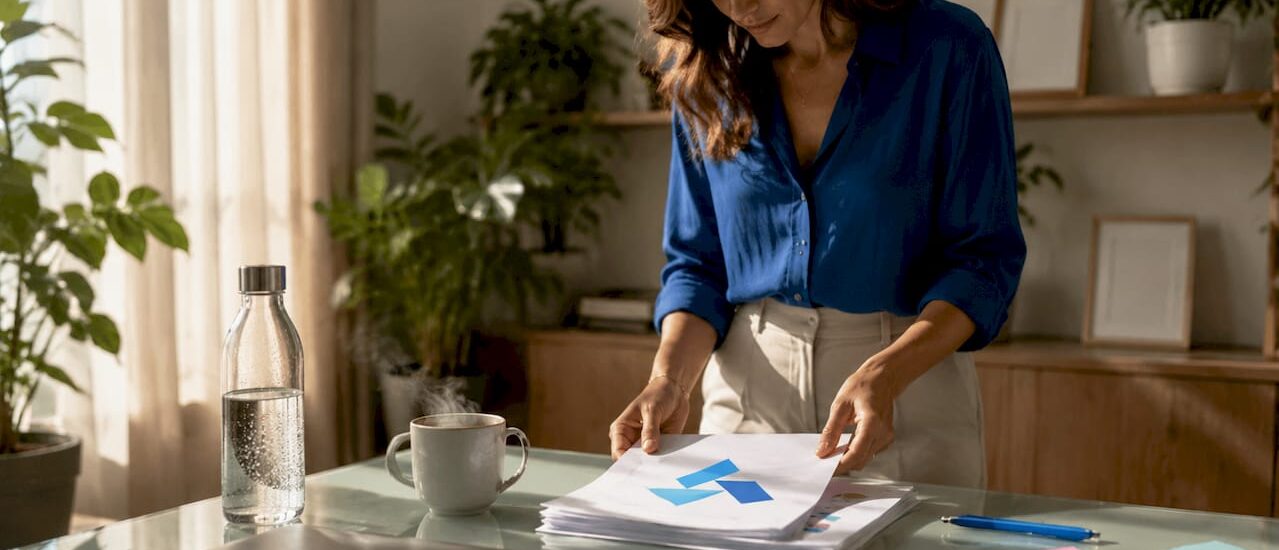 Entrepreneur organizing research reports at desk