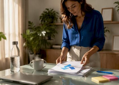 Entrepreneur organizing research reports at desk