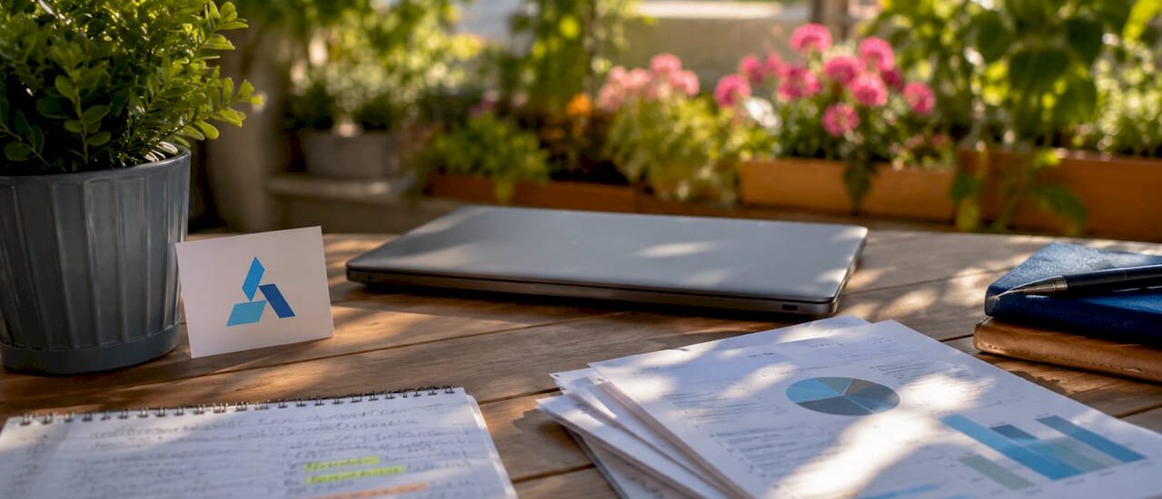 Workspace with Blue Prysm logo and market intelligence materials