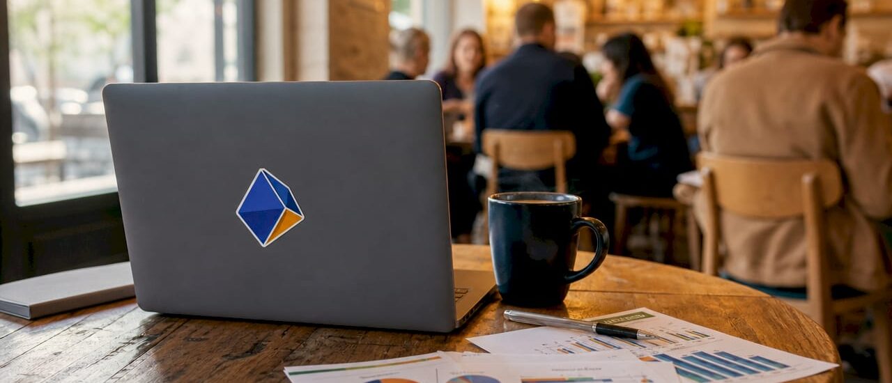 Minimalist workspace featuring Blue Prysm logo on desk