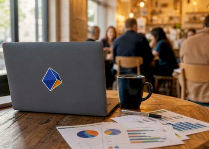 Minimalist workspace featuring Blue Prysm logo on desk