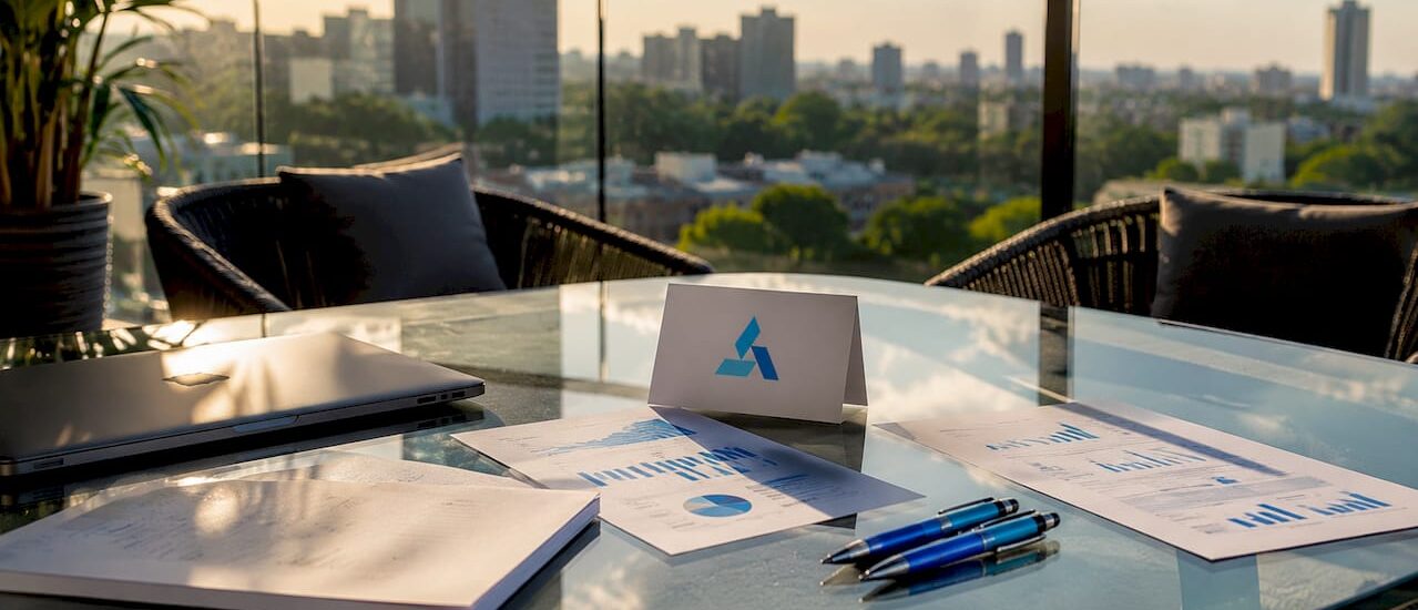 Conference room table with marketing brief materials and Blue Prysm logo