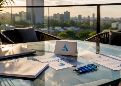 Conference room table with marketing brief materials and Blue Prysm logo