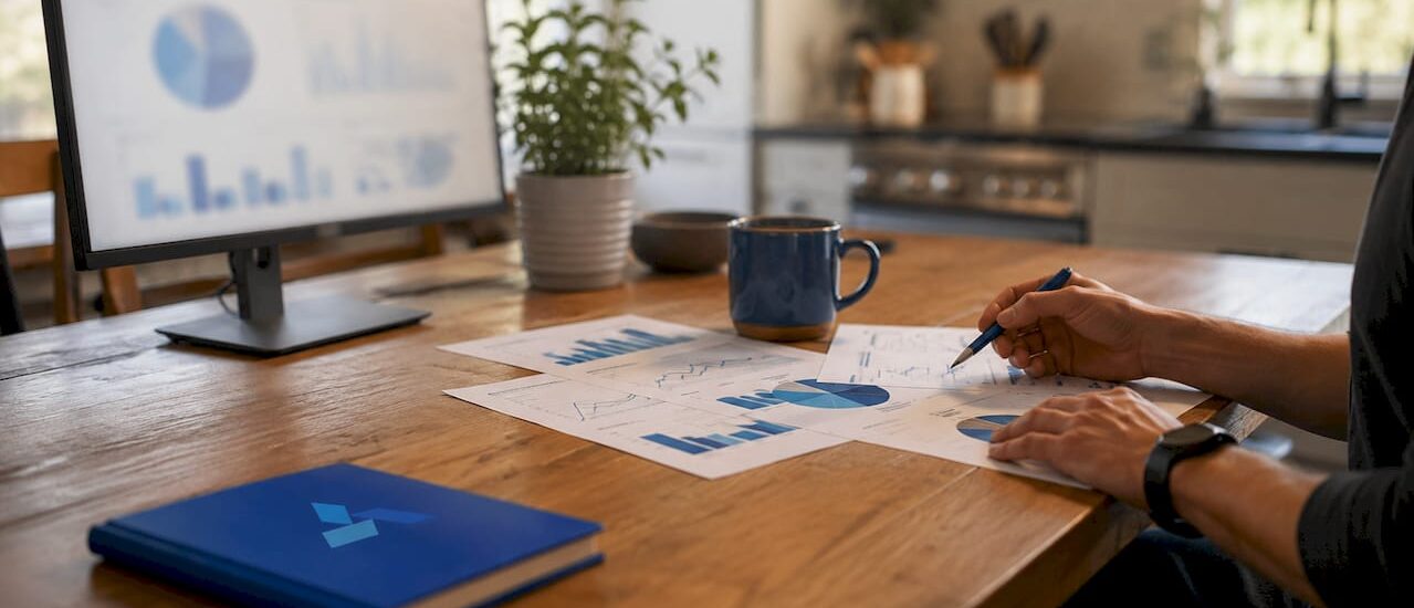 Objects arranged for market trend analysis tools setup with Blue Prysm Logo