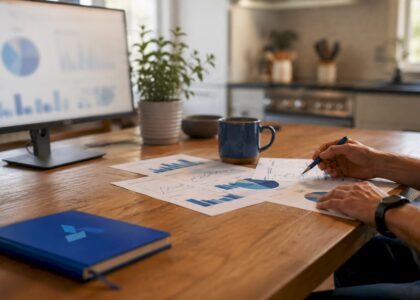 Objects arranged for market trend analysis tools setup with Blue Prysm Logo
