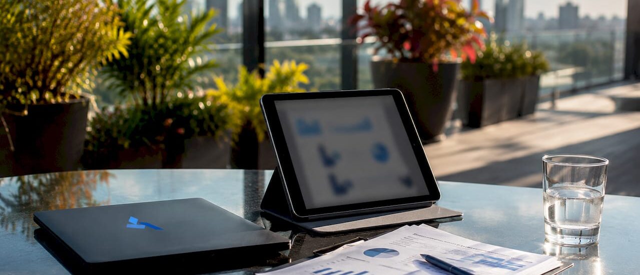 Workspace with analytics device and Blue Prysm logo