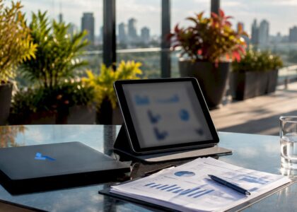 Workspace with analytics device and Blue Prysm logo