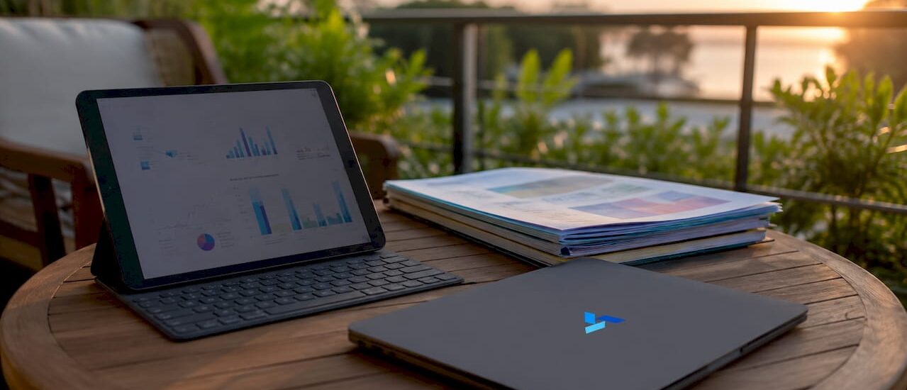 Home office desk with analytics devices