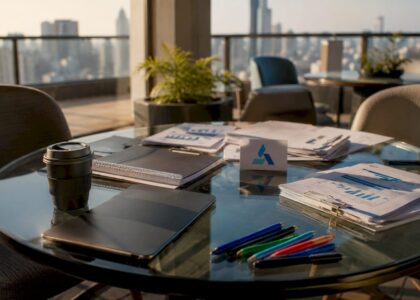 Empty boardroom with Blue Prysm logo and strategic planning materials