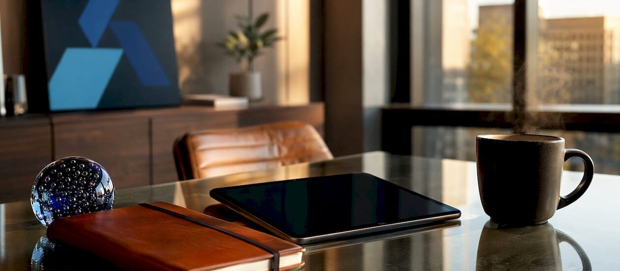 Corporate meeting room with briefing tools and Blue Prysm logo