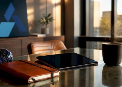 Corporate meeting room with briefing tools and Blue Prysm logo