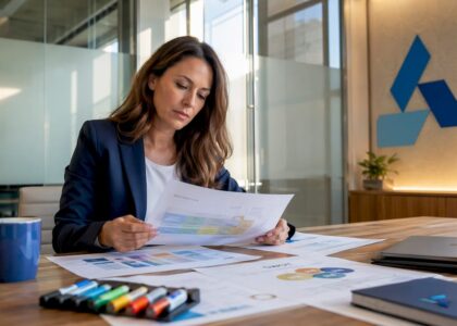 Strategist reviewing business strategy documents in office