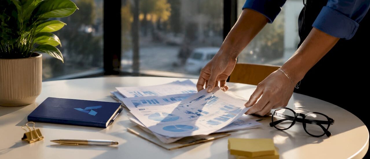 Hands sorting business competition reports with Blue Prysm logos