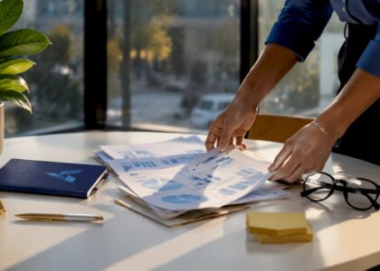 Hands sorting business competition reports with Blue Prysm logos