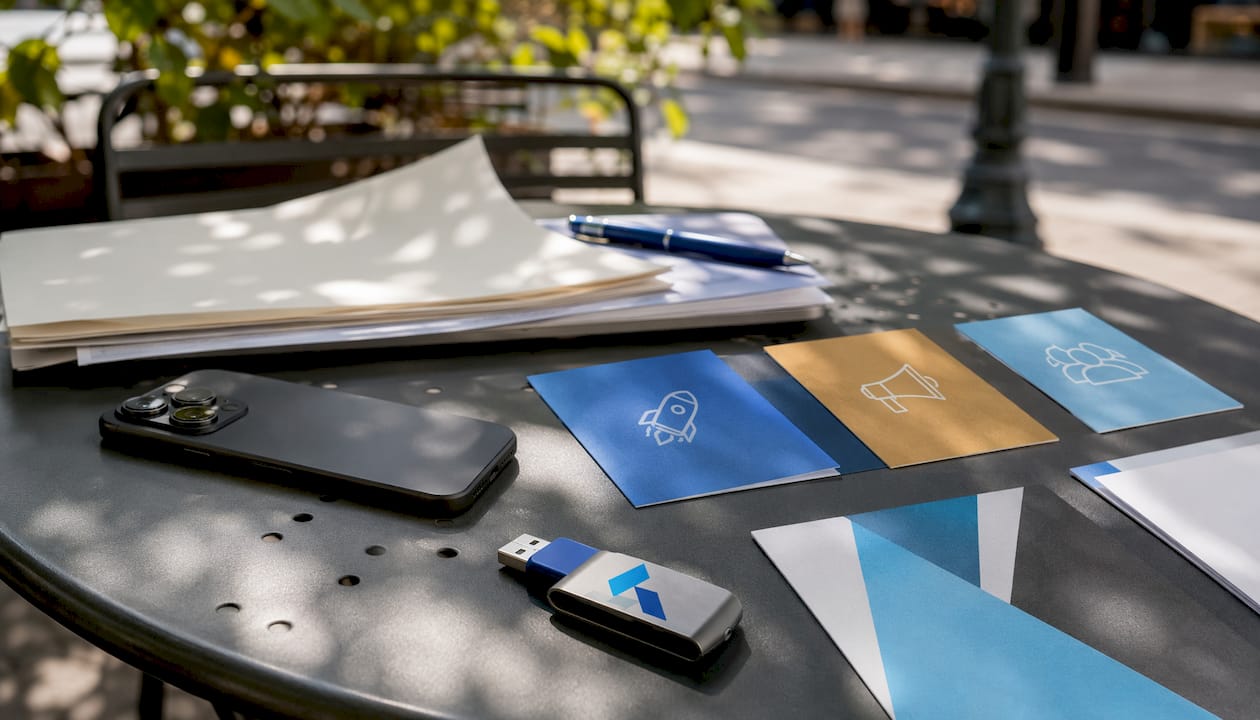 Digital campaign types objects with Blue Prysm branding