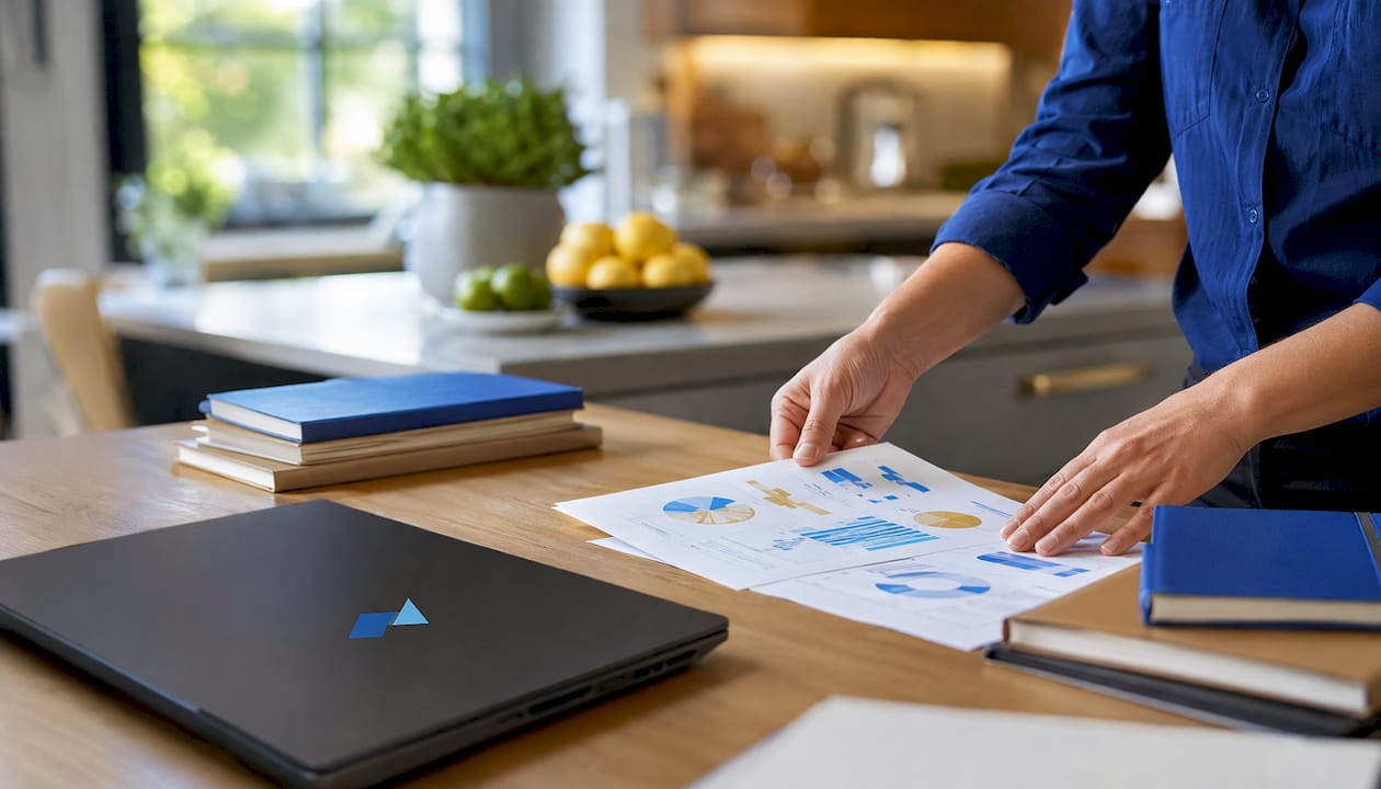 Close-up of hands arranging market intelligence documents