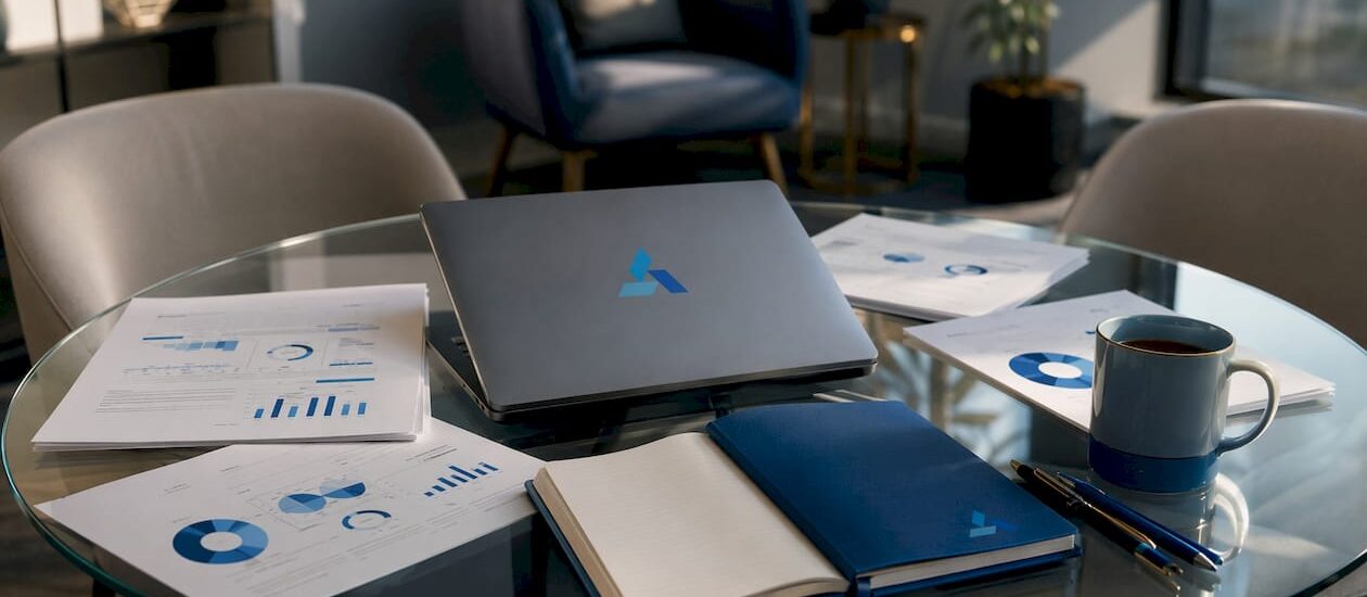 Overhead view of AI strategy tools on conference table