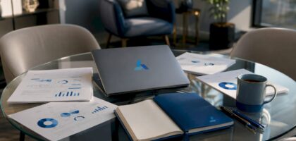 Overhead view of AI strategy tools on conference table