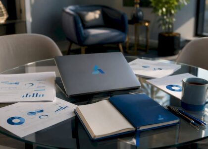 Overhead view of AI strategy tools on conference table
