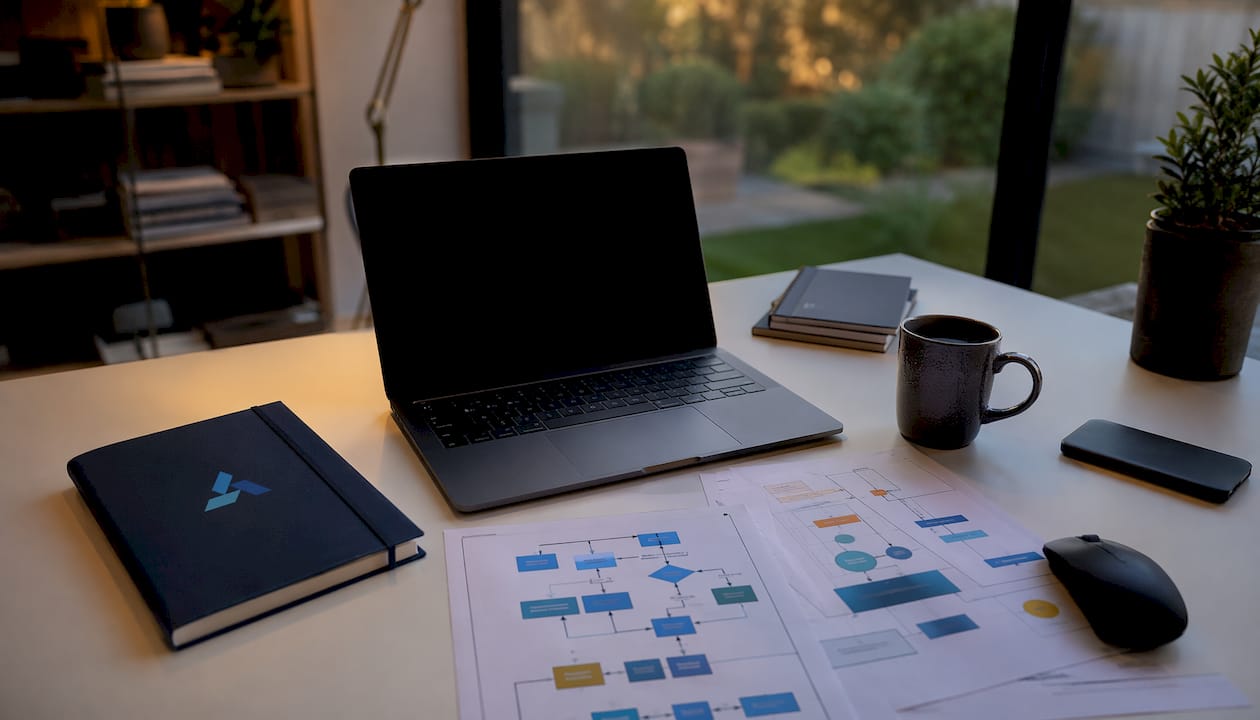 Home office desk with AI decision tools and Blue Prysm logo