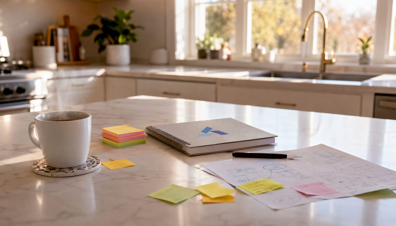 Home office desk with core strategic frameworks materials