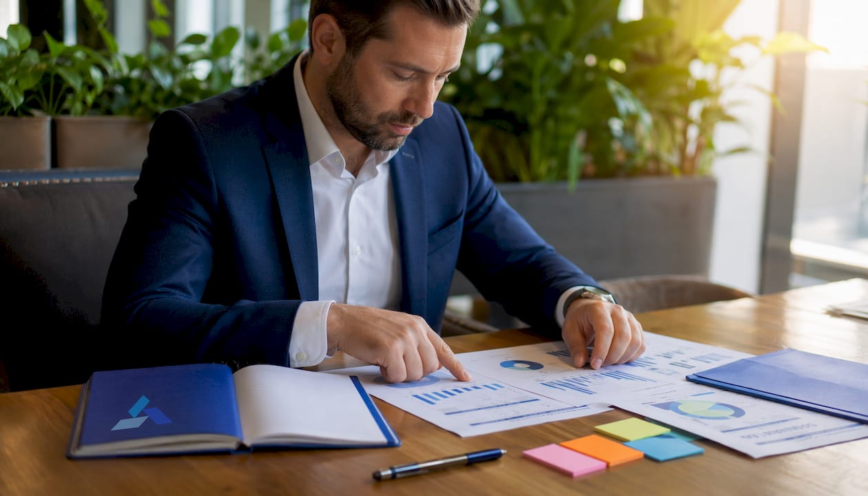 Close-up of hands pointing at forecasting dashboard with Blue Prysm notebook