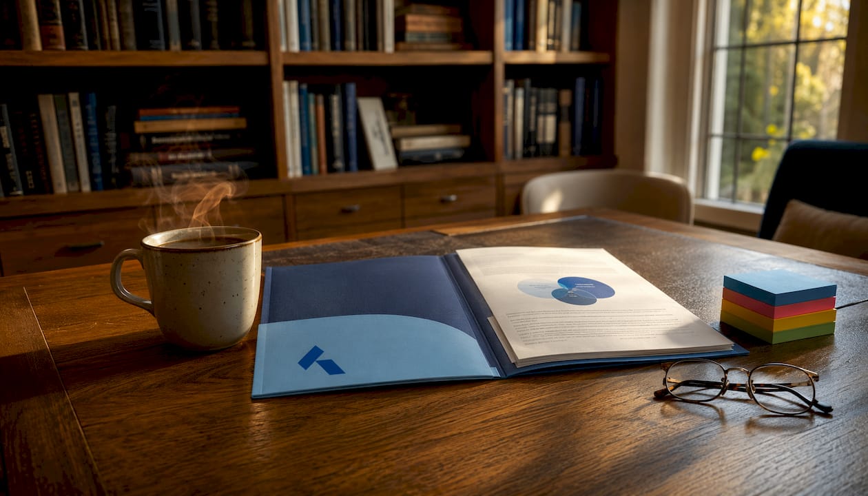 Overhead view of strategy scope documents and Blue Prysm folder
