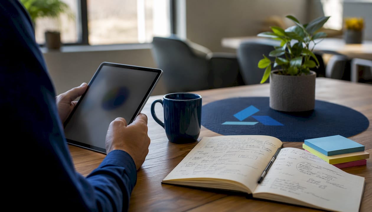 Hands interacting with tablet and Blue Prysm logo in office