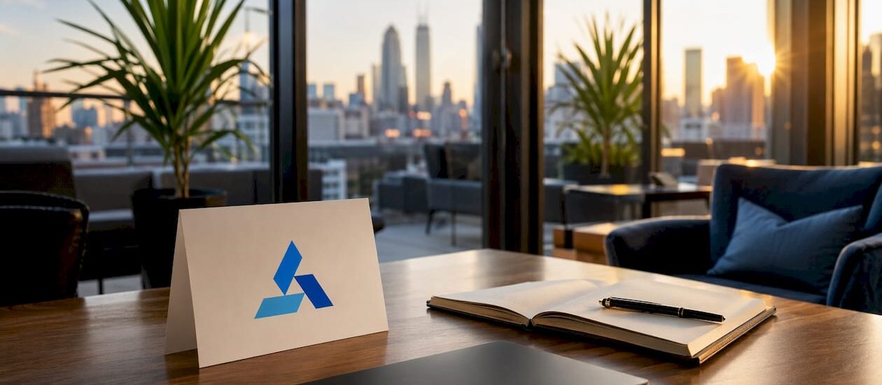 Corporate decision support meeting setup with Blue Prysm logo