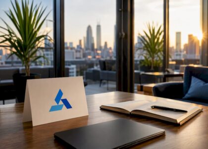 Corporate decision support meeting setup with Blue Prysm logo