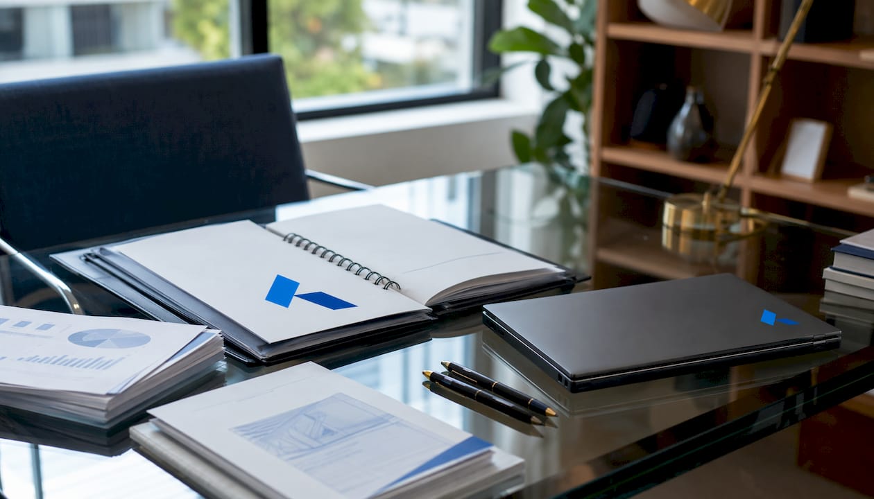 Overhead view of business strategy documents and Blue Prysm binder