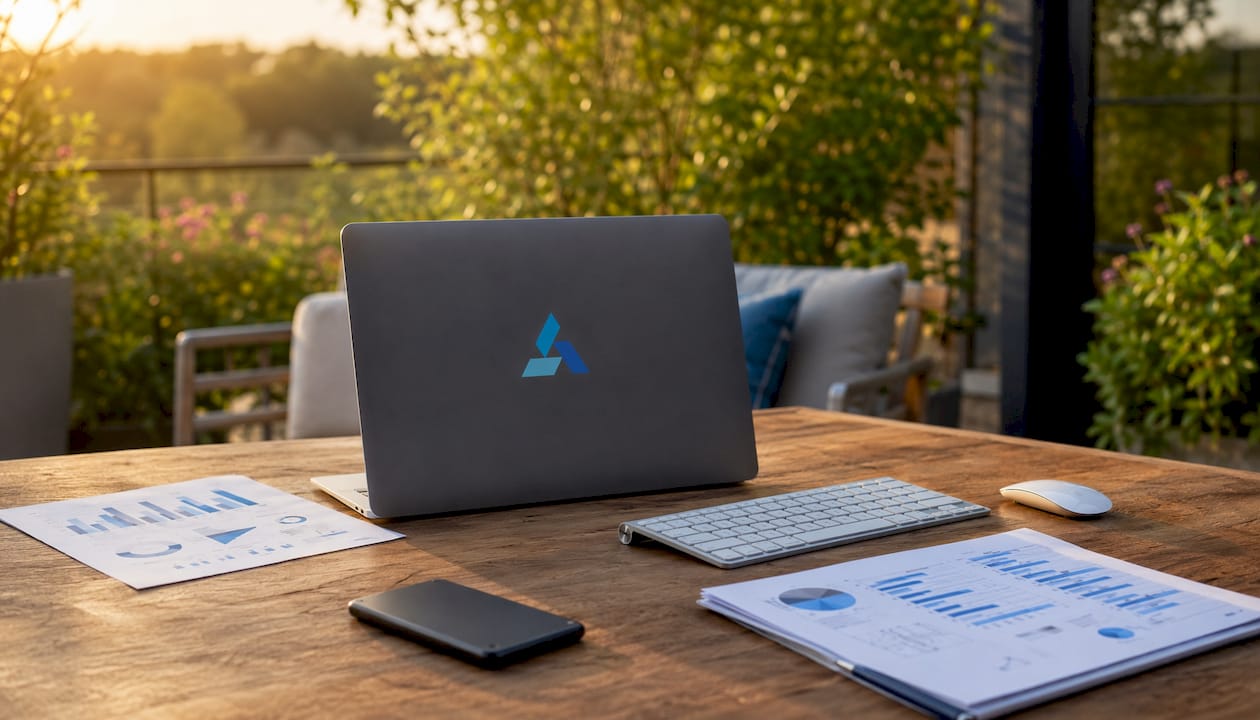 Home office desk with sales dashboard and Blue Prysm logos
