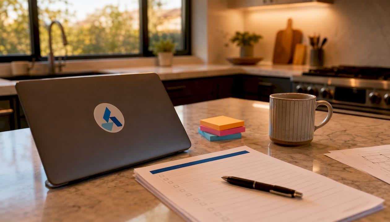 Desk with market assessment checklist and devices