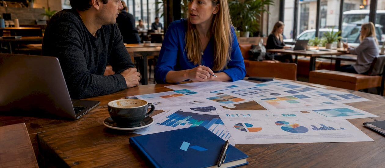 Workspace with market assessment reports and Blue Prysm logo