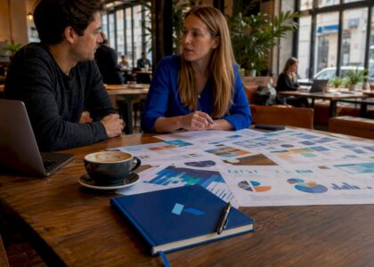 Workspace with market assessment reports and Blue Prysm logo
