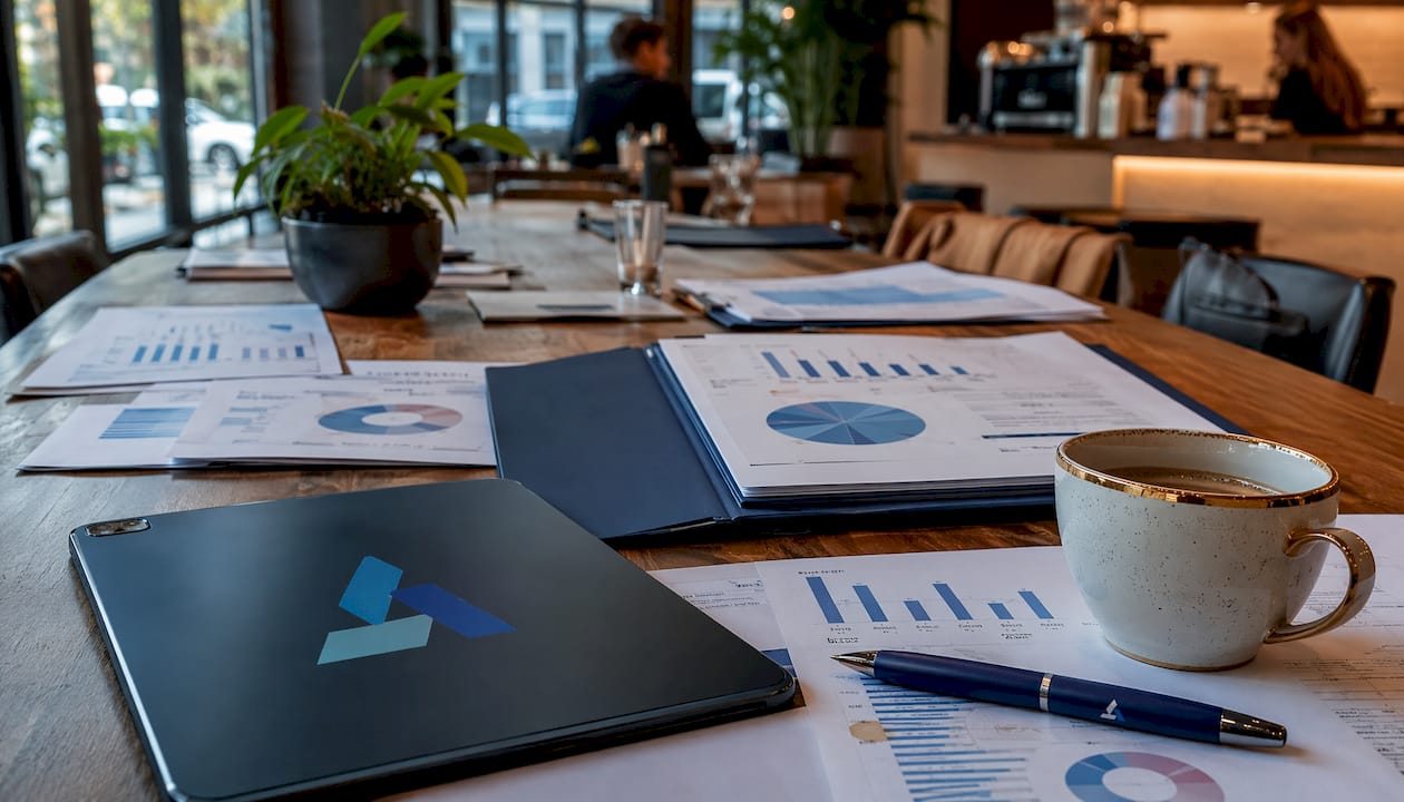 Overhead view of market sizing research materials and Blue Prysm logo branded items