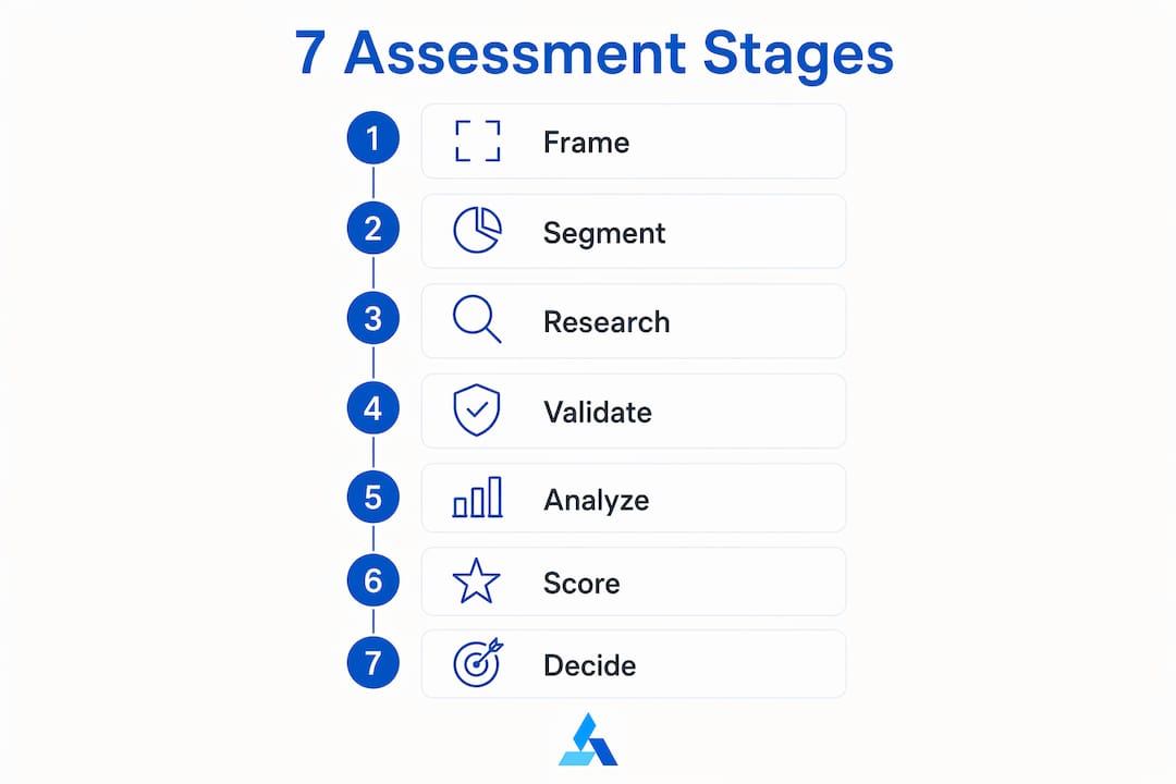 Infographic showing 7 stages of market opportunity assessment in vertical flow
