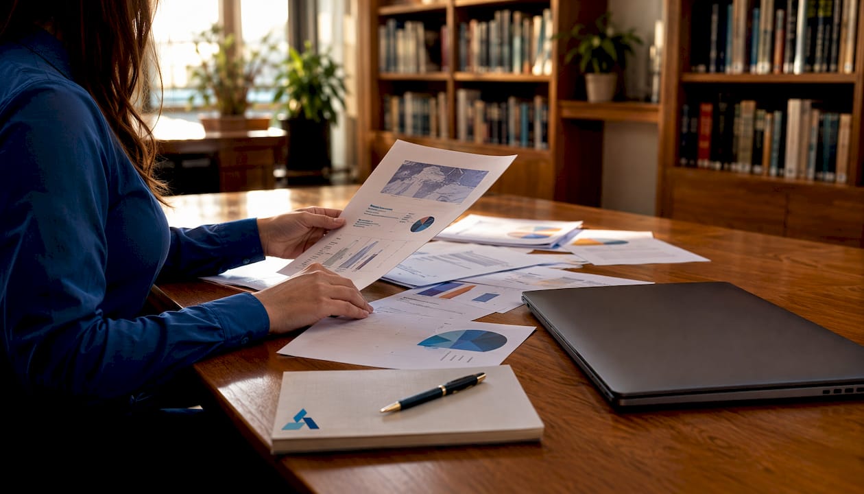 Hands arranging method selection documents on desk