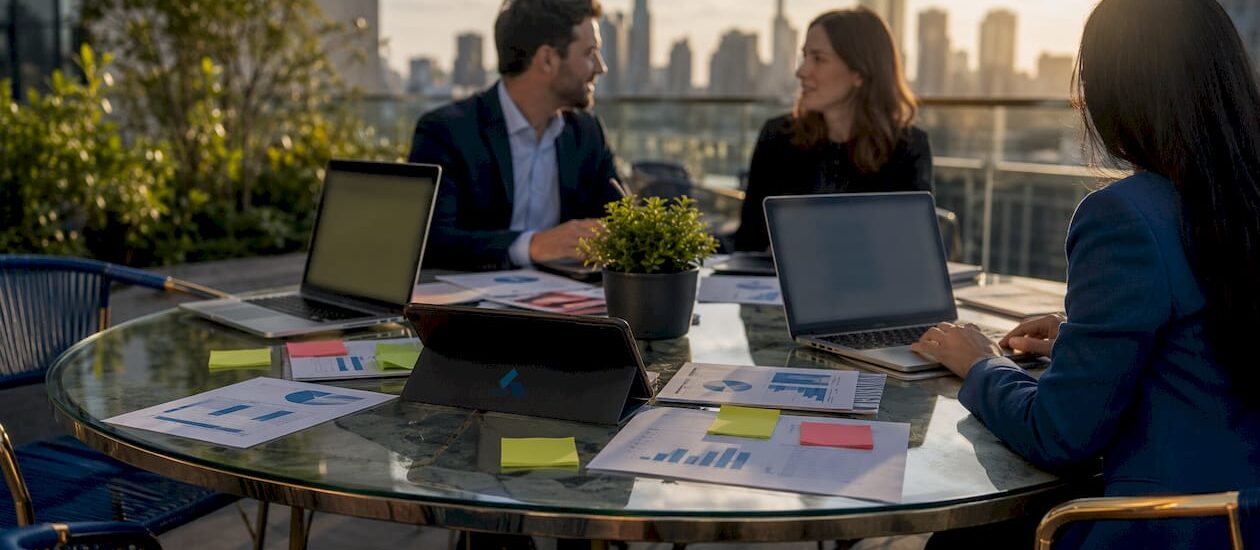 Workstation with market research devices and documents